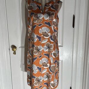 Nine West Orange Floral Mini Dress v neckline retro sleeveless D344